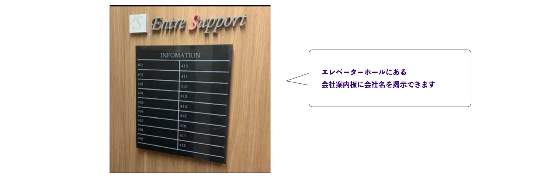 エレベーターホールにある会社案内板に会社名を掲示できます